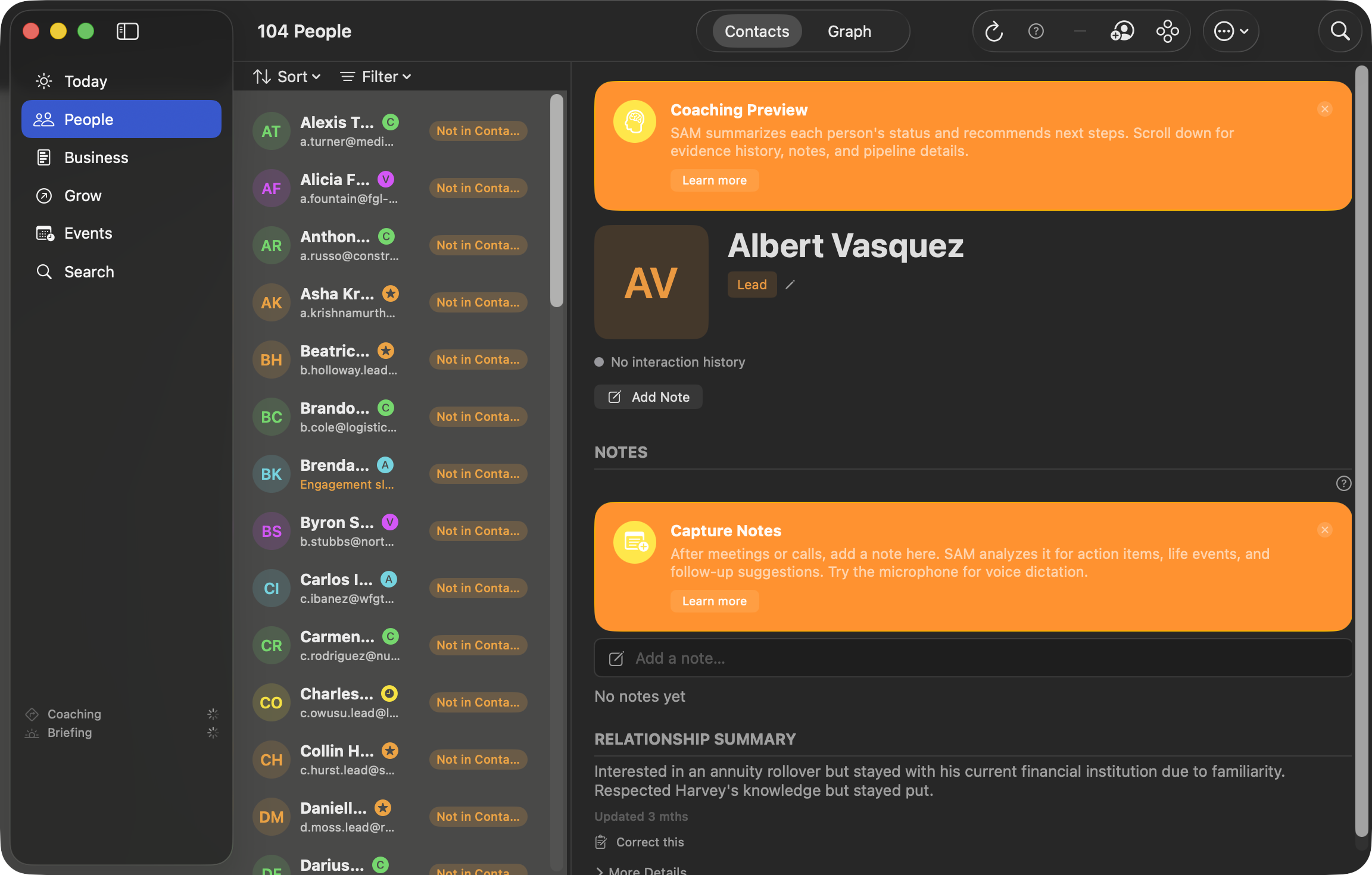 SAM People view showing contact detail with notes and relationship summary