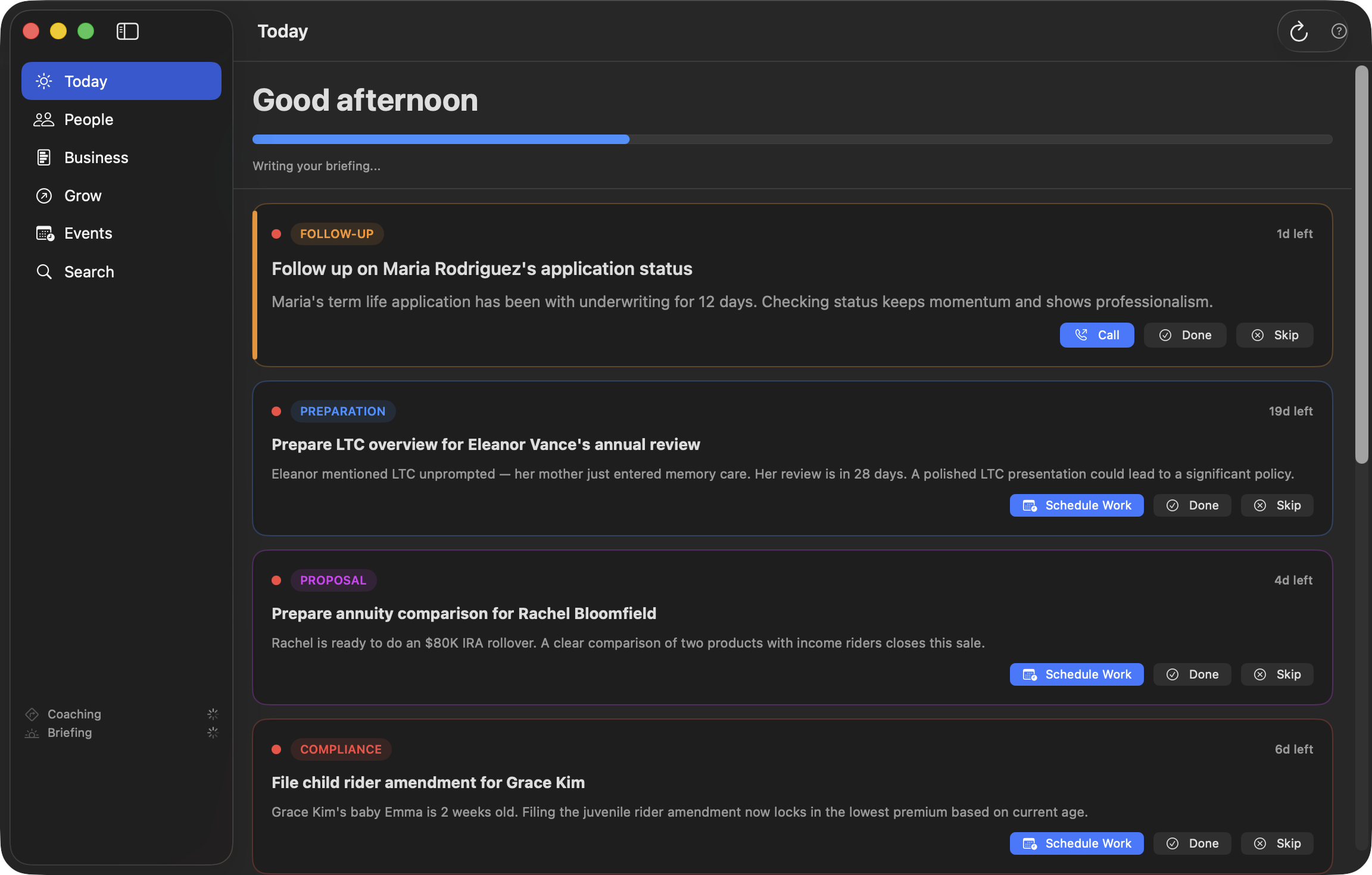SAM Today view showing daily briefing and coaching outcome cards